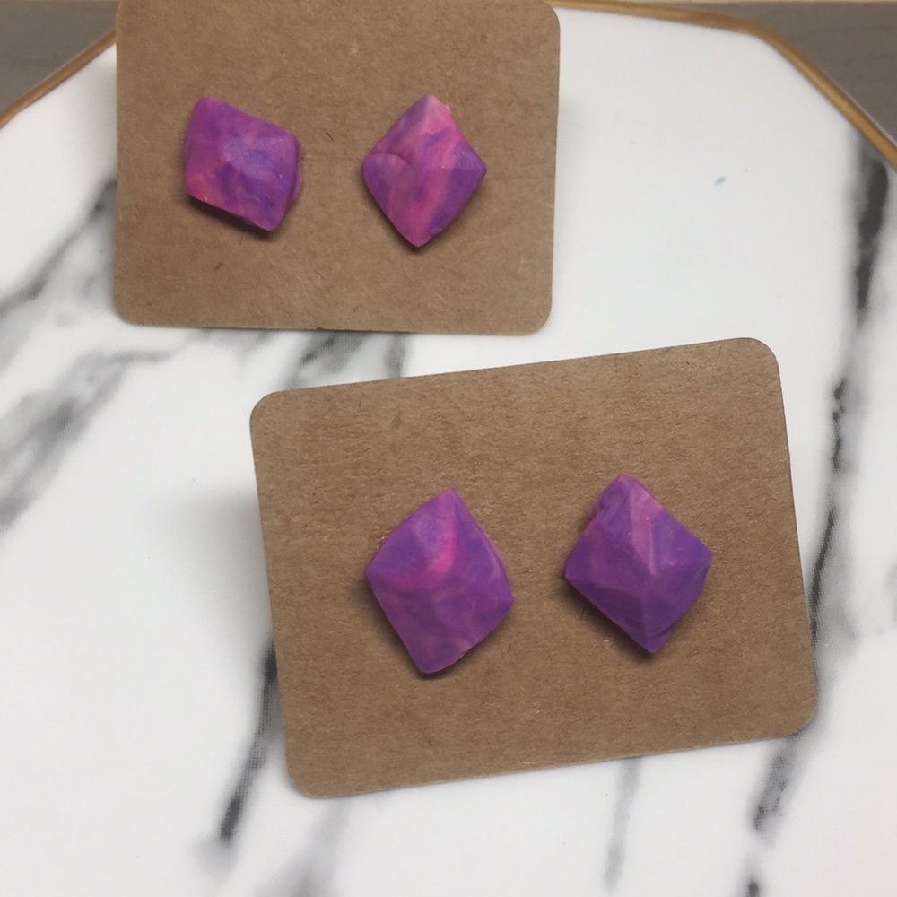Handmade Polymer Clay Earring Purple Diamond Studs